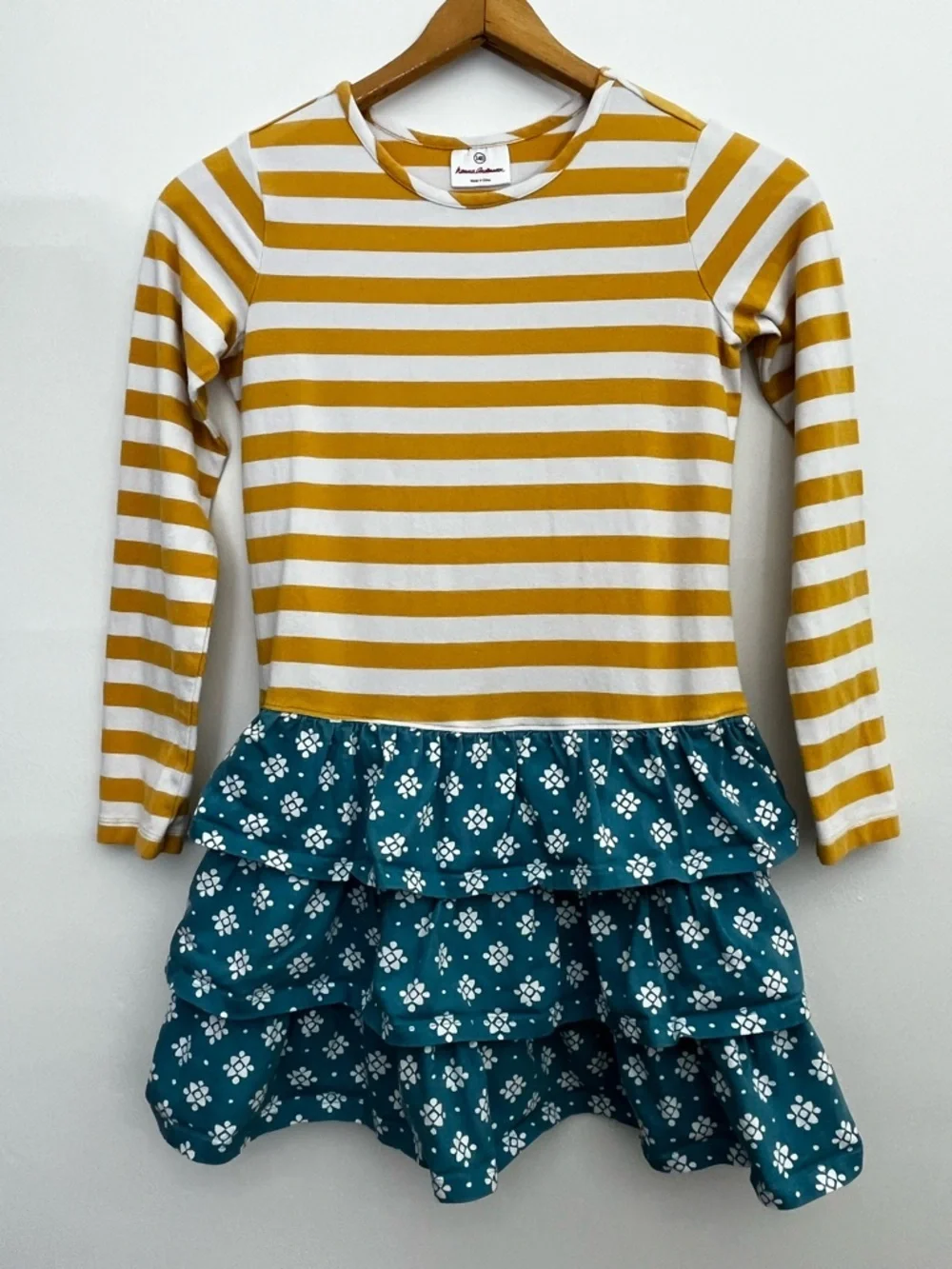 Hanna Andersson Girls Stripe Floral Tiered Ruffle Twirl Dress Long Sleeve Cotton